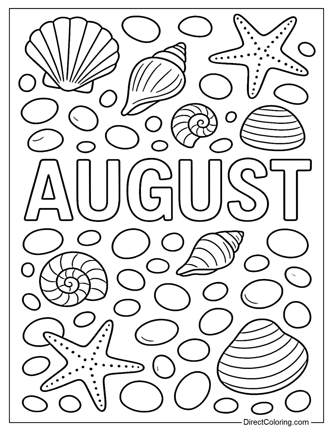 Coloring page of the word “August” with decorative details such as seashells, starfish, and artistic white pebbles.
